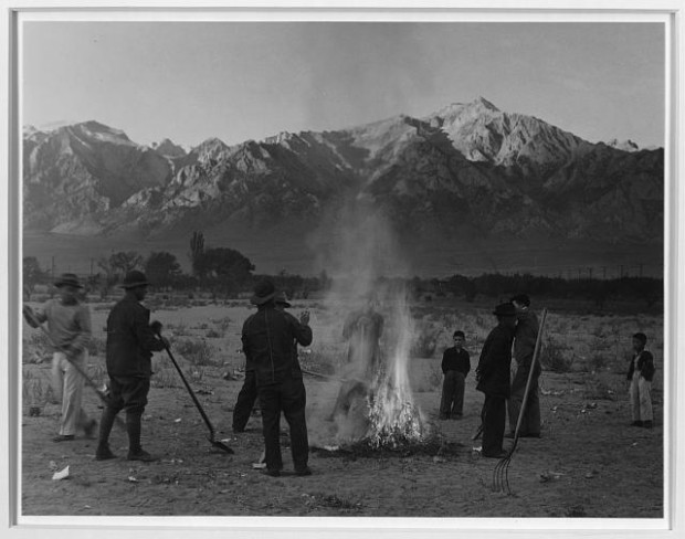 Burning leaves, autumn dawn, Manzanar Relocation Center, California Digital ID: (digital file from original print) ppprs 00308 http://hdl.loc.gov/loc.pnp/ppprs.00308