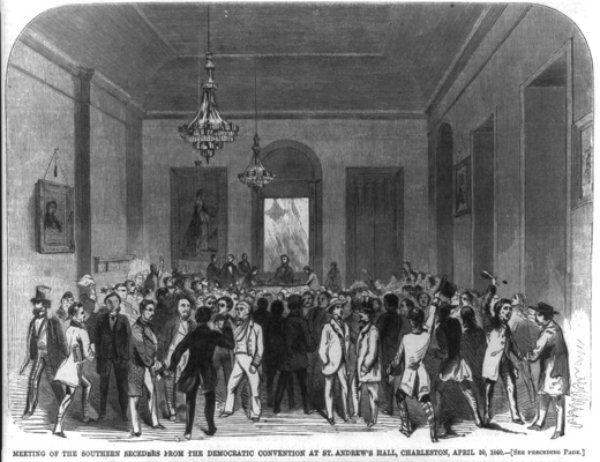 Meeting of the Southern seceders from the Democratic Convention at St. Andrew's Hall, Charleston, South Carolina, April 30, 1860. Illus. in: Harper's Weekly, (1860 May 12). (Library of Congress)