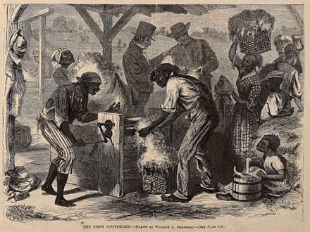 Harpers' Weekly: "The first cotton gin" Image: Library of Congress Prints and Photographs division digital ID cph.3c03801.